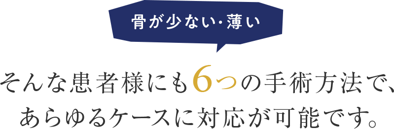 骨が少ない・薄い そんな患者様にも6つの手術方法で、あらゆるケースに対応が可能です。