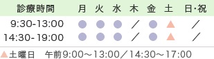 診療時間…9:30〜13:00 14:30〜20:00 土曜…9:30～13:00 14:30～17:00 休診日…日曜・祝日